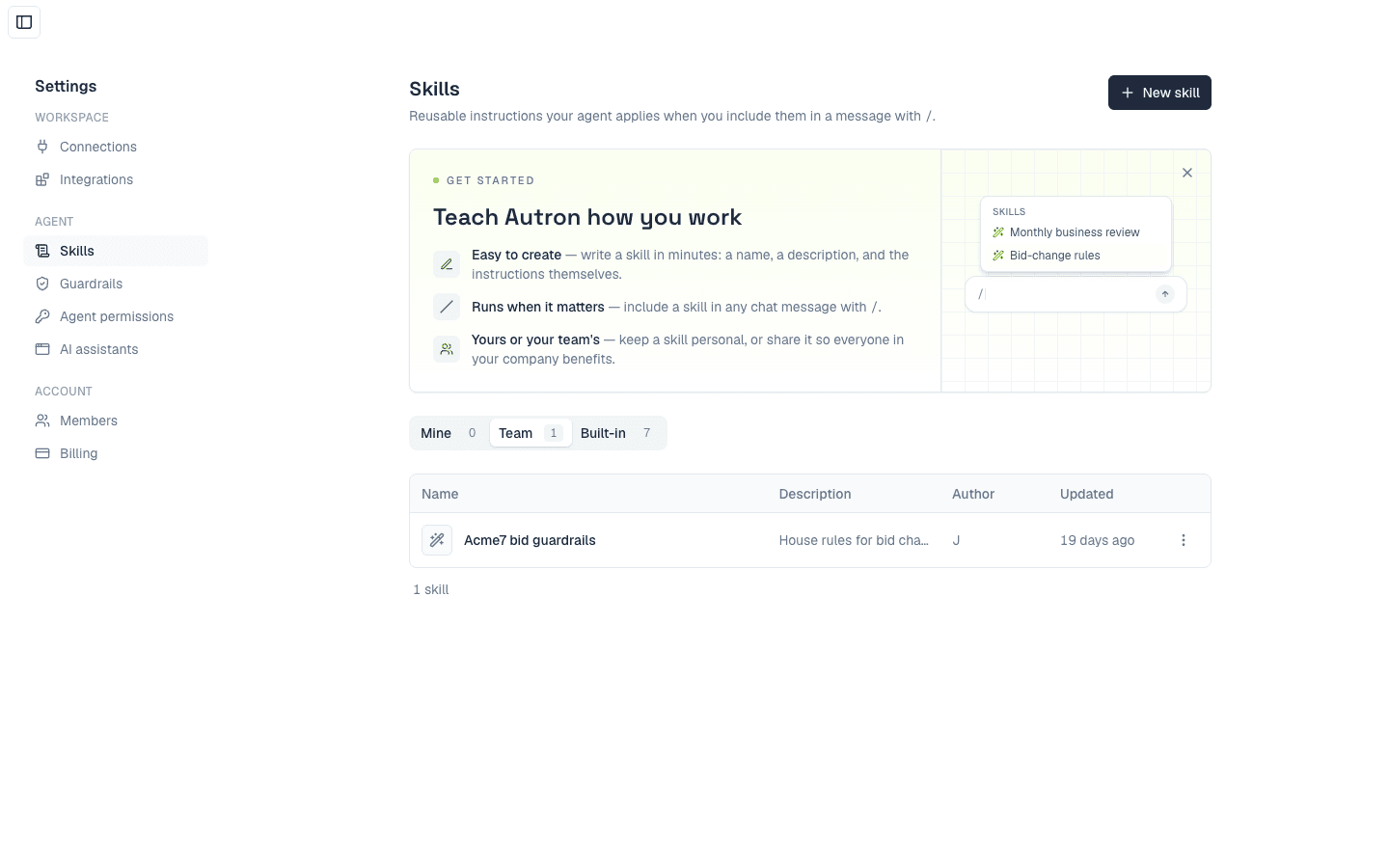 Settings → Skills in Autron Agent, showing the Mine, Team and Built-in tabs with a saved skill