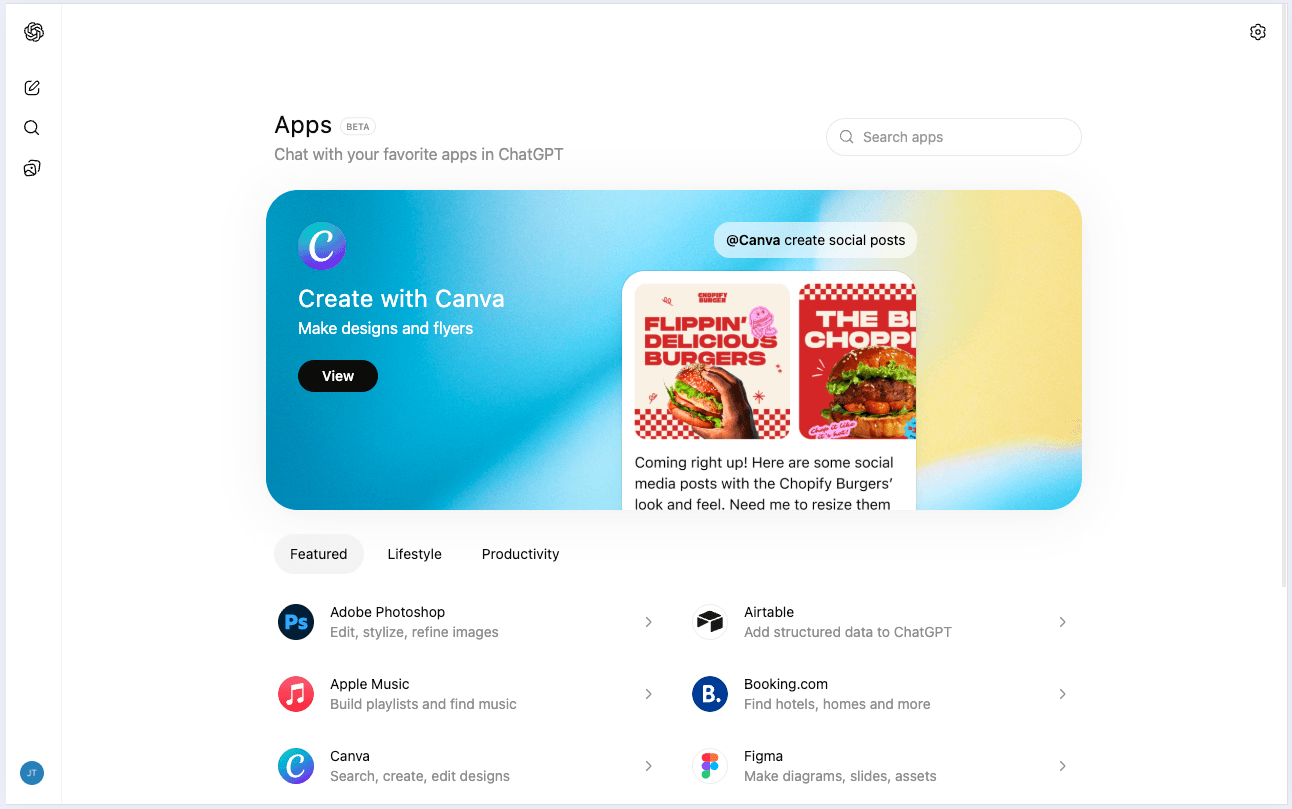ChatGPT Apps Directory showing available integrations like Gmail, Slack, Notion and more — search for Autron to connect your Amazon advertising account