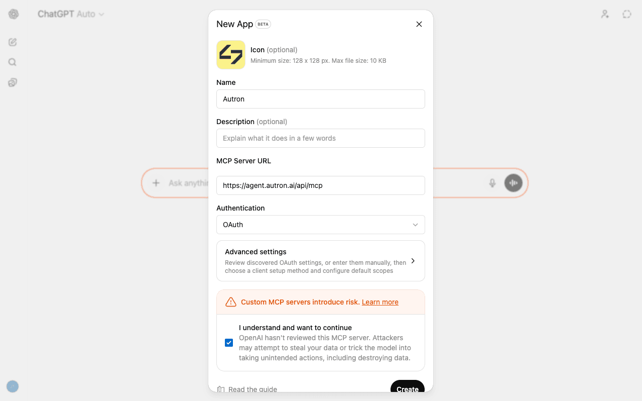 Adding Autron manually in ChatGPT using the Autron MCP server URL