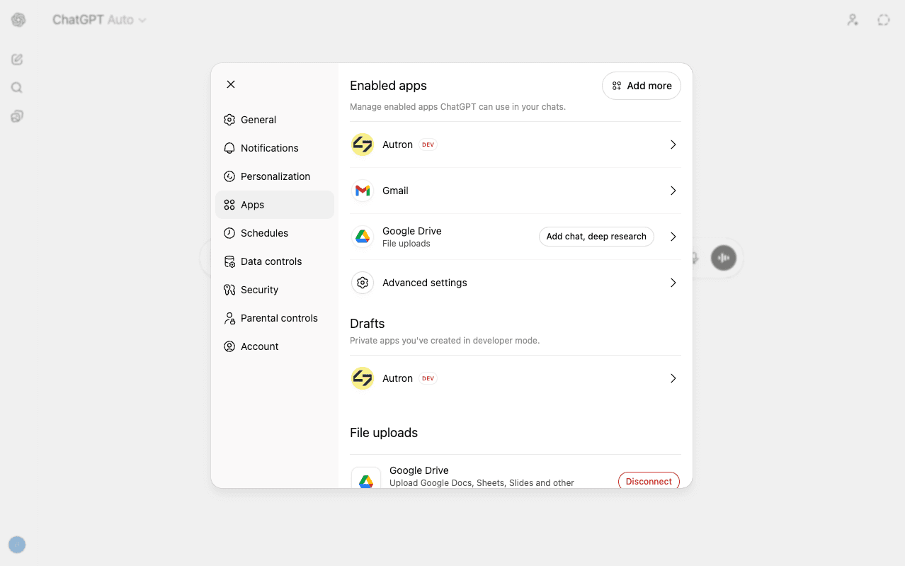 Autron custom app successfully added to ChatGPT enabled apps settings page with development tag