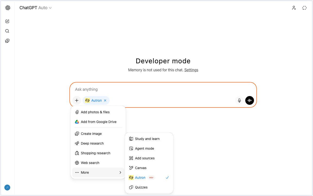 Enabling the Autron Amazon advertising app in a ChatGPT conversation using the add menu and app selector