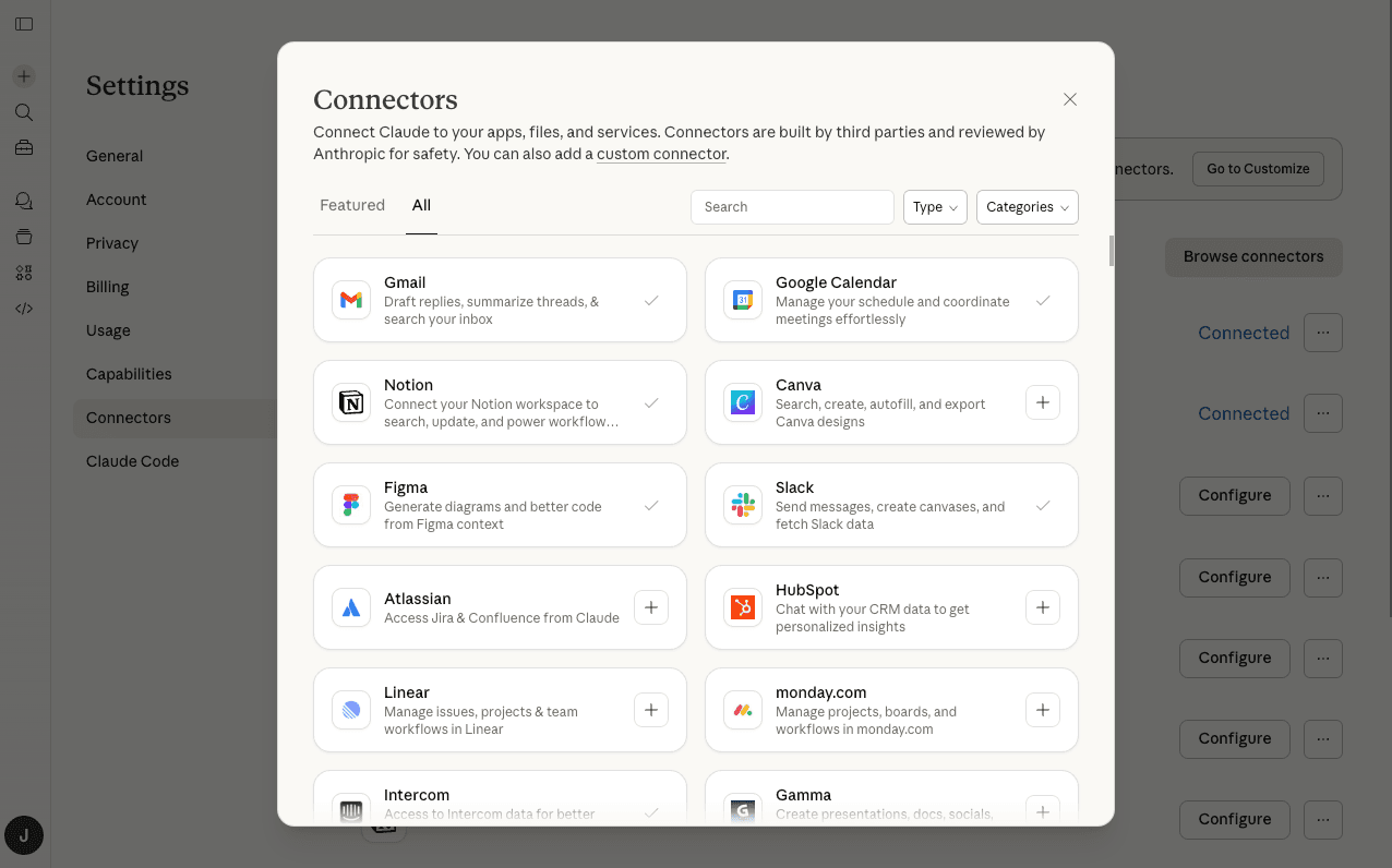 Claude AI Connectors Directory showing available integrations like Gmail, Slack, Notion and more — search for Autron to connect your Amazon advertising account