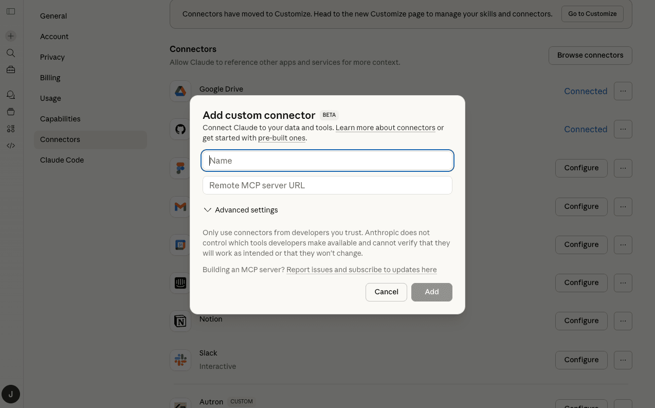 Claude AI Add custom connector dialog with Name and Remote MCP server URL fields for connecting Autron