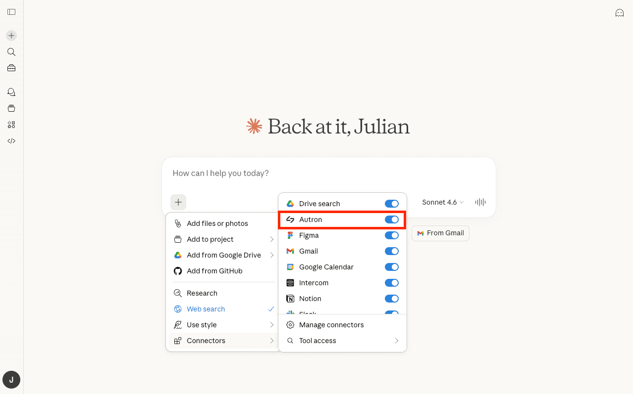 Enabling the Autron Amazon advertising connector in a Claude AI conversation using the plus menu and Connectors toggle