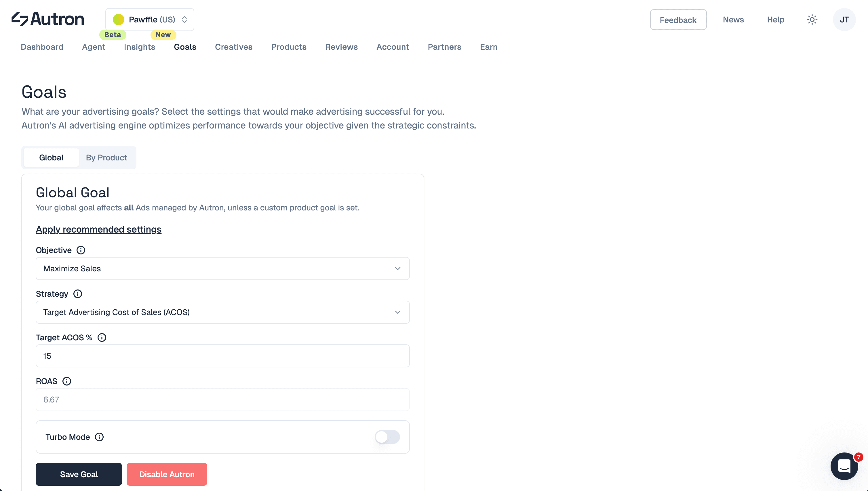 Autron goals page for setting global and product advertising objectives