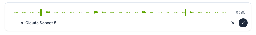 Dictation in progress in the Autron composer: a green waveform, a running timer, and controls to discard or transcribe