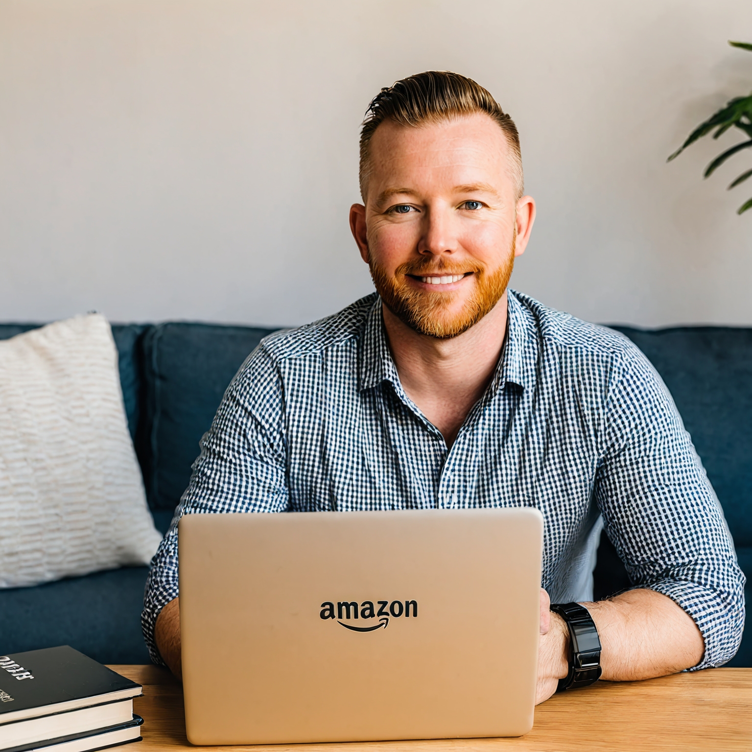 Adrian Steele, a content writer and Amazon advertising expert, working on a laptop